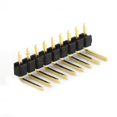 Pitch 2.54mm 90° 单排 DIP 单塑排针 弯平面 PC :6.0MM 09Pin 黑色 镀全金G/F